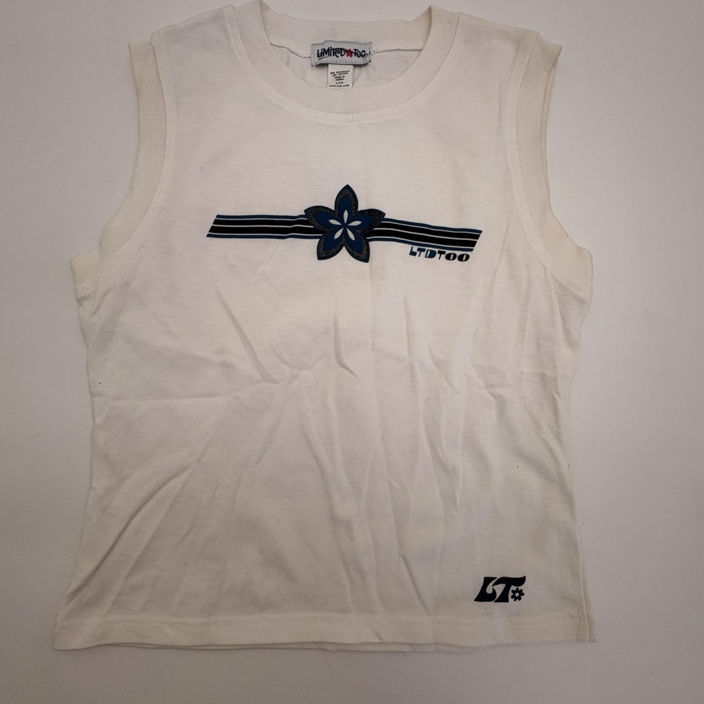 Limited‎ Too Tank Top Girls 14 White Blue Flower Stripe Graphic Logo Sleeveless